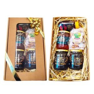 confezione-regalo-avana-miele-acacia-castagno-caramelle-millefiori scatola-regalo-miele-caramelle-millefiori-castagno-borvei-apicoltura-vaso-vetro