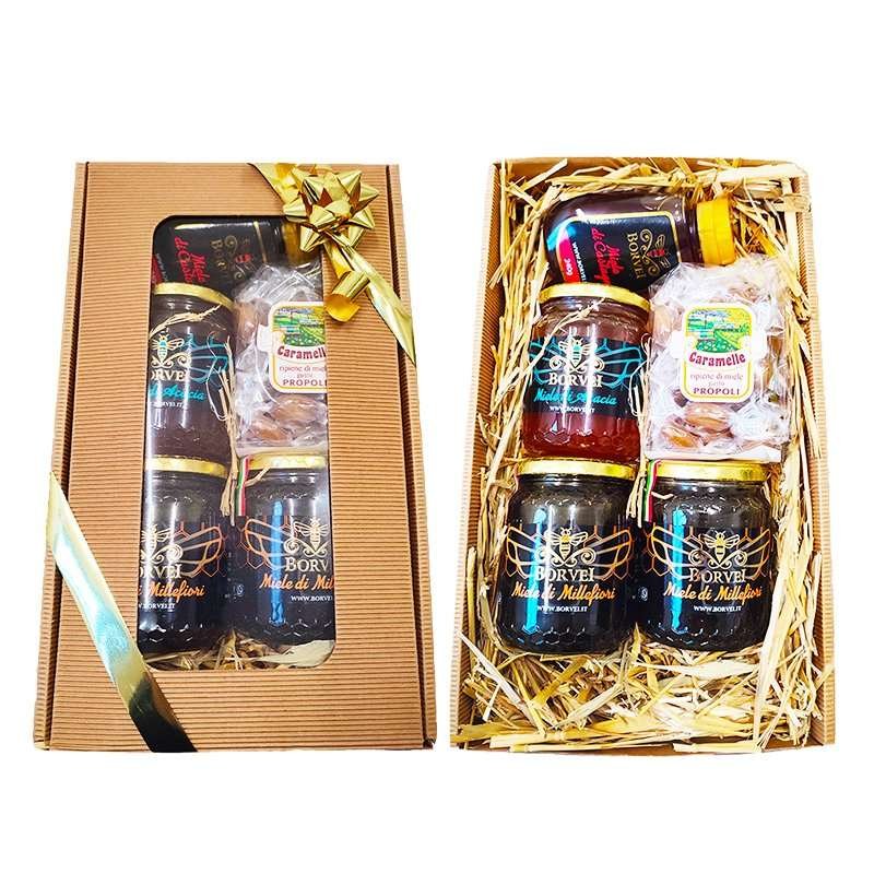 confezione-regalo-avana-miele-acacia-castagno-caramelle-millefiori scatola-regalo-miele-caramelle-millefiori-castagno-borvei-apicoltura-vaso-vetro