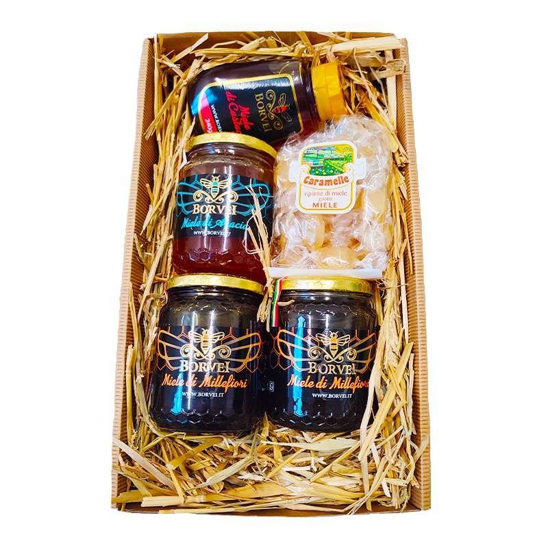 confezione-regalo-avana-miele-acacia-castagno-caramelle-millefiori scatola-regalo-miele-caramelle-millefiori-castagno-borvei-apicoltura