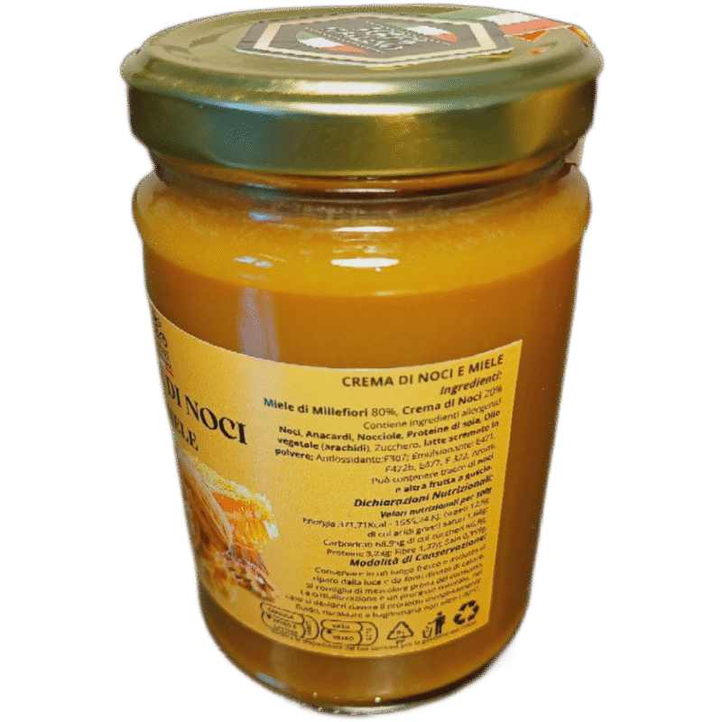 crema spalmabile noci e miele 400g dx CREMA spalmabile DI NOCI E MIELE VASO DA 400g fronte