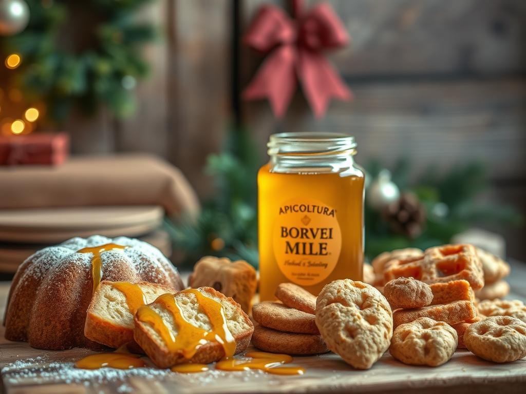 A beautifully arranged display of traditional Italian Christmas sweets, drizzled with the rich, golden hue of APICOLTURA BORVEI MIELE honey. The foreground features a variety of decadent panettone, torrone, and biscotti, their textures and shapes creating a visually captivating composition. The middle ground showcases a glass jar filled with the artisanal honey, its warm tones complementing the festive palette. In the background, a cozy, rustic setting with wooden surfaces and holiday greenery sets the mood for a joyous Italian Christmas celebration. Soft, diffused lighting casts a warm glow, enhancing the overall sense of comfort and tradition.