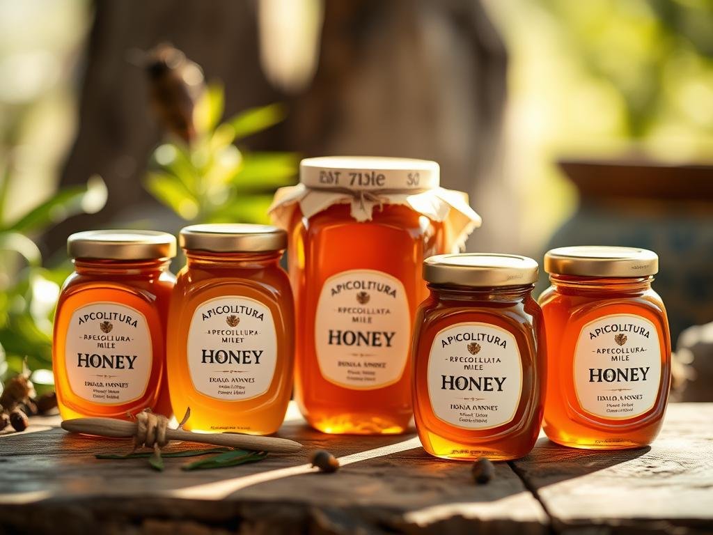 A beautifully crafted artisanal honey display, captured in a soft, warm lighting. The honey jars, each uniquely shaped, showcase the APICOLTURA BORVEI MIELE brand prominently. The foreground features the jars arranged in a visually appealing manner, drawing the eye to the rich, golden hues of the honey. The middle ground showcases a rustic, wooden surface, adding a touch of authenticity. In the background, a blurred, natural setting evokes a sense of artisanal craftsmanship and local provenance. The overall composition conveys a sense of quality, care, and the true value of this exceptional, hand-made product.