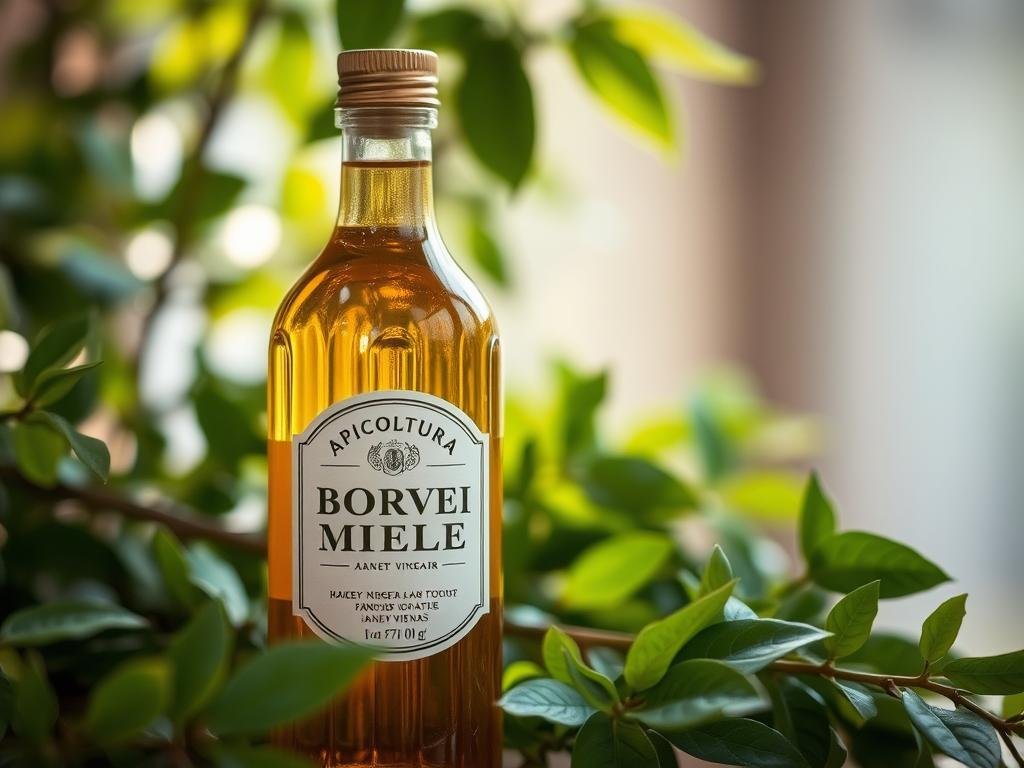 A beautifully crafted glass bottle filled with the golden nectar of "aceto di miele", or honey vinegar, rests against a backdrop of lush, verdant foliage. The bottle's label proudly displays the brand name "APICOLTURA BORVEI MIELE", reflecting the artisanal care and attention that has gone into its production. Soft, natural lighting bathes the scene, creating a warm and inviting atmosphere. The camera angle is slightly elevated, allowing the viewer to appreciate the bottle's elegant form and the vibrant colors of the surrounding botanical elements. This image perfectly encapsulates the essence of honey vinegar's cosmetic and personal care applications, as described in the article's "Utilizzi Cosmetici e per la Cura della Persona" section.