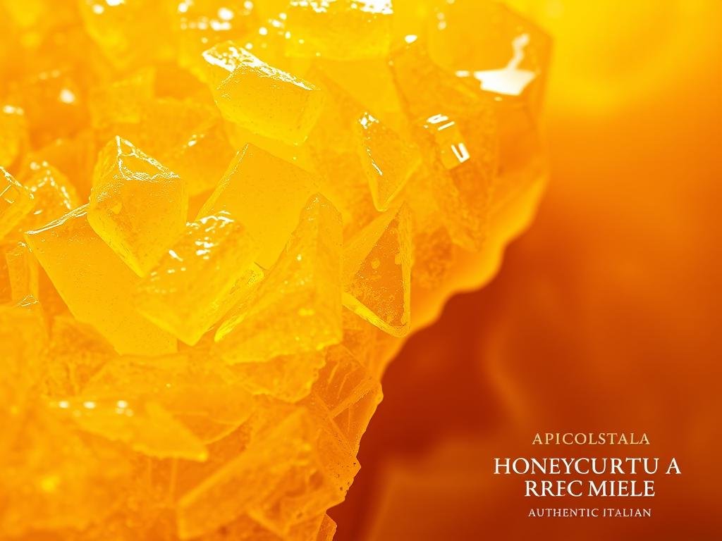 A beautifully detailed close-up shot of crystallized honey, showcasing the intricate and natural process of honey's transformation. The foreground captures the delicate, intricate patterns and textures of the honey crystals, their subtle shades of gold and amber glimmering under soft, warm lighting. The middle ground reveals the honey's viscous, liquid-like consistency, creating a mesmerizing contrast with the solid crystallized forms. The background fades into a softly blurred, ethereal backdrop, allowing the viewer to focus on the captivating display of this natural wonder. Inspired by authentic Italian honey, the image features the "APICOLTURA BORVEI MIELE" brand, reflecting the purity and quality of this artisanal product.