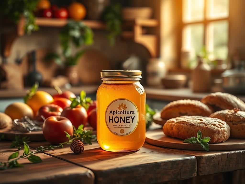 A beautifully lit rustic kitchen scene, showcasing a jar of Apicoltura honey prominently displayed on a wooden countertop. The honey glistens, surrounded by fresh seasonal ingredients like fruits, herbs, and baked goods, all arranged in a visually appealing manner. The kitchen is bathed in warm, golden light, creating a cozy and inviting atmosphere. The focus is on the honey, highlighting its versatility and how it can be seamlessly incorporated into various culinary preparations. The image conveys the idea of using honey as a natural, healthful ingredient in Italian cuisine.
