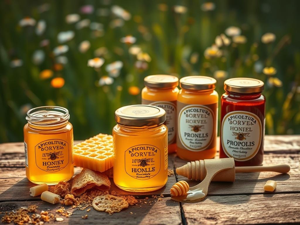 A beautifully lit still life showcasing an array of authentic Italian beehive products on a rustic wooden surface. In the foreground, a glass jar of golden APICOLTURA BORVEI MIELE honey glistens, surrounded by a sprinkling of honeycomb, pollen, and beeswax candles. In the middle ground, artisanal jars of creamed honey and propolis extracts sit alongside a vintage honey dipper. The background features a verdant meadow with blooming wildflowers, hinting at the natural origins of these premium apiary treasures. Warm, soft lighting casts a golden glow, evoking the rich, earthy tones of the genuine hive-sourced wares. A beautifully lit still life showcasing an array of authentic Italian beehive products on a rustic wooden surface. In the foreground, a glass jar of golden APICOLTURA BORVEI MIELE honey glistens, surrounded by a sprinkling of honeycomb, pollen, and beeswax candles. In the middle ground, artisanal jars of creamed honey and propolis extracts sit alongside a vintage honey dipper. The background features a verdant meadow with blooming wildflowers, hinting at the natural origins of these premium apiary treasures. Warm, soft lighting casts a golden glow, evoking the rich, earthy tones of the genuine hive-sourced wares.