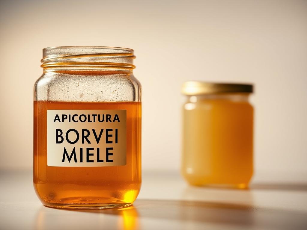 A beautifully lit still life showcasing two distinct jars of honey. The foreground features a glass jar labeled "APICOLTURA BORVEI MIELE", its golden liquid glistening in the warm, soft lighting. In the middle ground, a second jar displays a more opaque, creamy-colored honey, contrasting with the first. The background subtly fades into a neutral, minimalist backdrop, allowing the honey jars to take center stage. The composition emphasizes the essential differences between honey intended for industrial use versus honey meant for direct consumption, as per the section title "Miele per Industria vs Miele da Tavola: Differenze Fondamentali". The image conveys a sense of quality, craftsmanship, and the care taken in producing these distinct honey products. A beautifully lit still life showcasing two distinct jars of honey. The foreground features a glass jar labeled "APICOLTURA BORVEI MIELE", its golden liquid glistening in the warm, soft lighting. In the middle ground, a second jar displays a more opaque, creamy-colored honey, contrasting with the first. The background subtly fades into a neutral, minimalist backdrop, allowing the honey jars to take center stage. The composition emphasizes the essential differences between honey intended for industrial use versus honey meant for direct consumption, as per the section title "Miele per Industria vs Miele da Tavola: Differenze Fondamentali". The image conveys a sense of quality, craftsmanship, and the care taken in producing these distinct honey products.