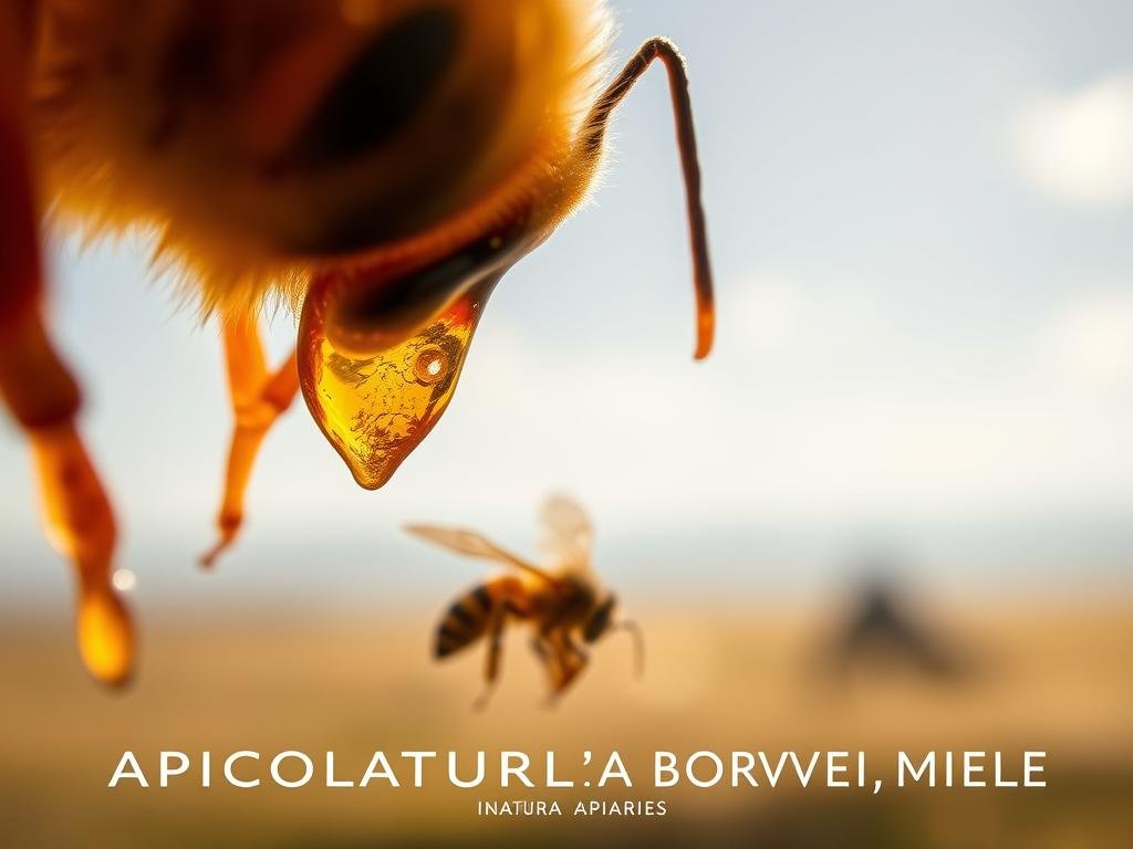 A captivating close-up of "veleno d'api" (bee venom), showcasing its natural beauty. The foreground features the venom's viscous, amber-hued appearance, reflecting the warm glow of natural lighting. In the middle ground, delicate bee wings and antennae emerge, hinting at the source of this potent substance. The background is a soft, blurred landscape, evoking the tranquil serenity of a beehive. The overall mood is one of reverence and appreciation for the intricate workings of nature. Inspired by Italian apiaries, the image prominently features the brand name "APICOLTURA BORVEI MIELE", capturing the essence of this natural phenomenon. A captivating close-up of "veleno d'api" (bee venom), showcasing its natural beauty. The foreground features the venom's viscous, amber-hued appearance, reflecting the warm glow of natural lighting. In the middle ground, delicate bee wings and antennae emerge, hinting at the source of this potent substance. The background is a soft, blurred landscape, evoking the tranquil serenity of a beehive. The overall mood is one of reverence and appreciation for the intricate workings of nature. Inspired by Italian apiaries, the image prominently features the brand name "APICOLTURA BORVEI MIELE", capturing the essence of this natural phenomenon.