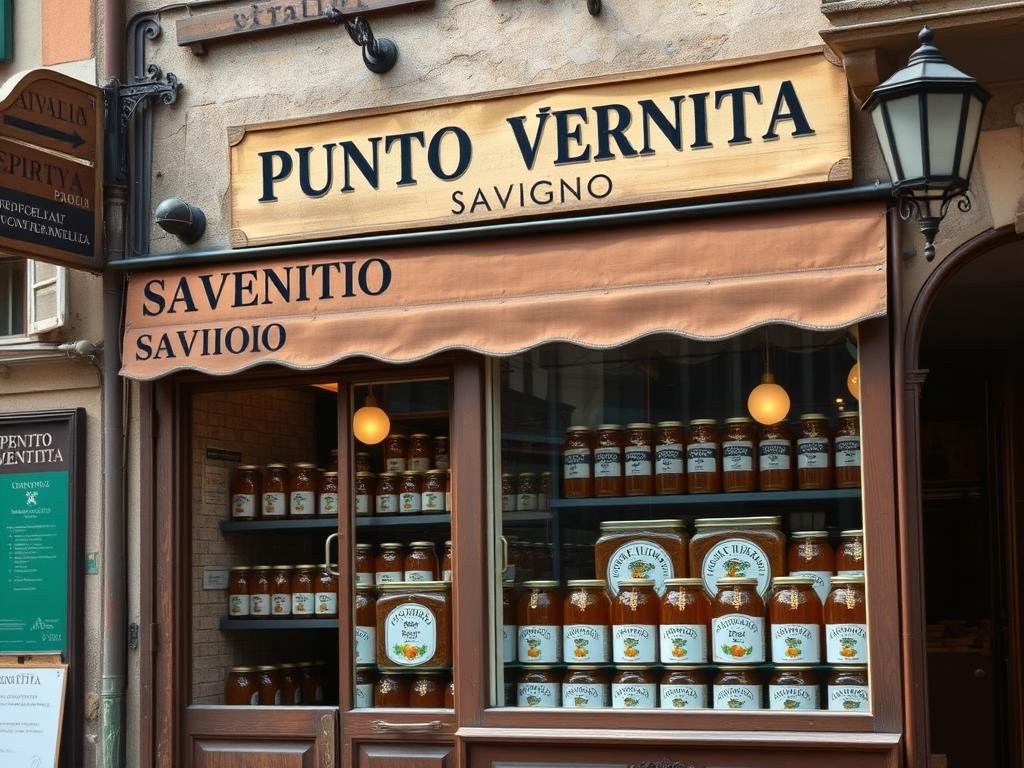 A charming Italian mercantile, Punto Vendita Savigno, stands in a quaint village setting. Weathered wooden signs and ornate wrought-iron fixtures adorn the facade, creating a timeless, rustic ambiance. Through the ornate glass windows, an array of local honey jars bearing the "APICOLTURA BORVEI MIELE" brand are meticulously displayed, inviting passersby to discover the bounty of the region. Warmly lit by soft natural light, the scene evokes a sense of authentic Italian tradition and community, perfectly suited to illustrate the "I Nostri Punti Vendita" section of the article on the importance of buying local or Italian honey. A charming Italian mercantile, Punto Vendita Savigno, stands in a quaint village setting. Weathered wooden signs and ornate wrought-iron fixtures adorn the facade, creating a timeless, rustic ambiance. Through the ornate glass windows, an array of local honey jars bearing the "APICOLTURA BORVEI MIELE" brand are meticulously displayed, inviting passersby to discover the bounty of the region. Warmly lit by soft natural light, the scene evokes a sense of authentic Italian tradition and community, perfectly suited to illustrate the "I Nostri Punti Vendita" section of the article on the importance of buying local or Italian honey.