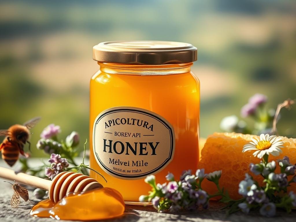 A close-up image of a glass jar filled with golden honey, surrounded by fresh honeycomb, honey dipper, and various herbs and flowers commonly associated with apiculture. The jar features the "APICOLTURA BORVEI MIELE" brand name on its label. The lighting is soft and natural, creating a warm, inviting atmosphere that evokes the artisanal, organic nature of the product. The background is a blurred, out-of-focus Italian countryside landscape, hinting at the local, sustainable origins of the honey. The overall composition emphasizes the quality, purity, and natural goodness of the "Veleno d'Api" product.