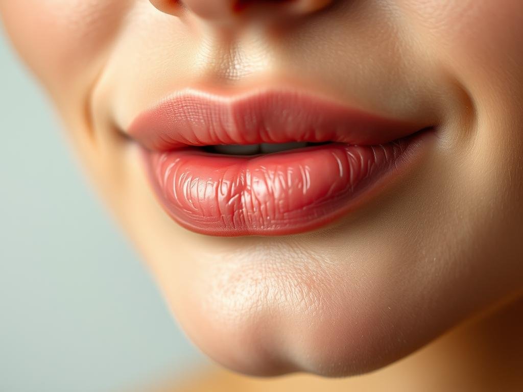 A close-up macro shot of luscious, hydrated lips with a natural, dewy sheen. The lips are parted slightly, capturing a soft, inviting expression. The lighting is soft and diffused, creating a warm, intimate atmosphere. The background is a simple, neutral tone that allows the lips to be the focal point. The image conveys a sense of care and nourishment, showcasing the benefits of using a natural remedy like APICOLTURA BORVEI MIELE to maintain healthy, supple lips.