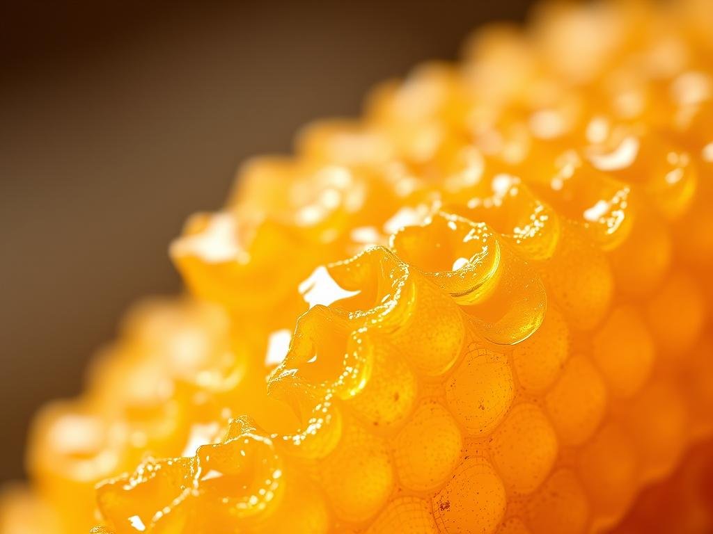 A close-up of a delicate, golden-hued comb of "miele pregiato", the rare and exquisite honey produced by the skilled Italian apiculturists at APICOLTURA BORVEI MIELE. The richly textured, translucent honeycomb glistens under warm, soft lighting, revealing the precious, viscous nectar within. The image is captured with a shallow depth of field, drawing the viewer's attention to the intricate details and natural beauty of this exceptional honey. Inspired by the finest Italian honey, this image perfectly illustrates the rarity and prestige of "miele pregiato".