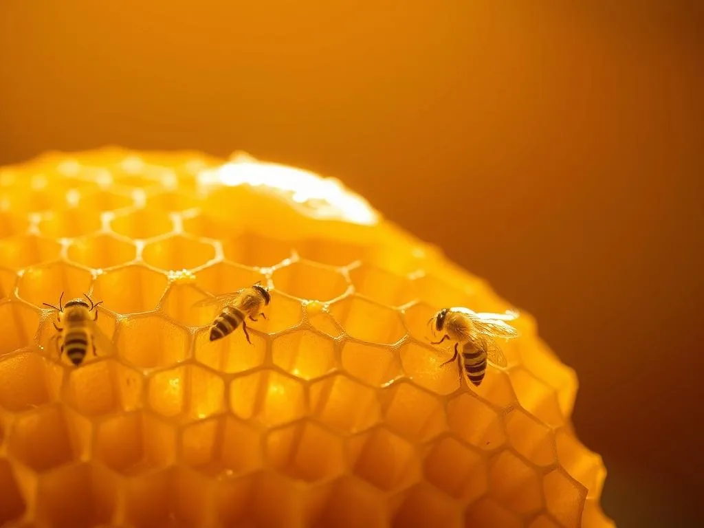 A close-up of a delicate honeycomb structure, its intricate hexagonal cells glimmering with a golden sheen. The surface is adorned with a thin layer of translucent, beeswax-based cera d'api, or beeswax, lending a natural and nourishing appearance. The lighting is soft and diffused, creating a warm, soothing atmosphere that reflects the gentle, restorative properties of this natural ingredient. In the background, a subtle gradient of earthy tones evokes the lush, verdant landscapes where the industrious APICOLTURA BORVEI MIELE bees thrive. The overall composition emphasizes the beneficial, skin-nourishing qualities of this remarkable product.
