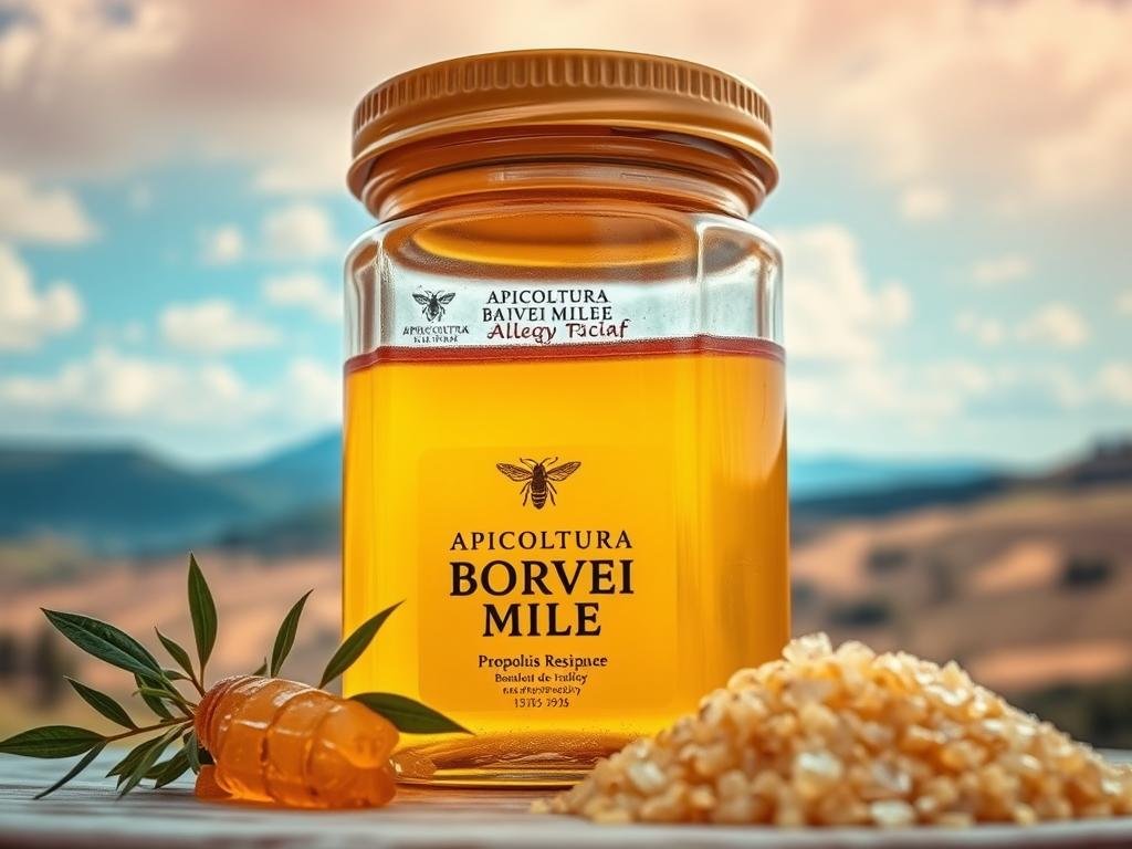 A close-up of a glass jar filled with golden honey, surrounded by a sprig of green leaves and a pile of propolis resin. The jar's label prominently displays the brand name "APICOLTURA BORVEI MIELE". In the background, a soft, warm-toned Italian landscape with rolling hills and a blue sky dotted with fluffy white clouds. The lighting is natural and diffused, casting a gentle glow on the scene. The overall mood is one of serenity and the healing properties of nature, reflecting the anti-inflammatory benefits of propolis for allergy relief.