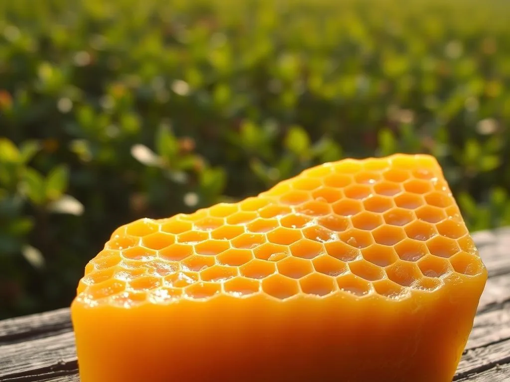 A close-up of a golden, honeycomb-textured block of raw, unprocessed beeswax from an Italian apiary. The waxy surface reflects warm, natural lighting, highlighting its intricate patterns and hues ranging from pale ochre to deep amber. In the background, a blurred field of lush, green foliage provides a serene, earthy backdrop. The overall composition conveys the pure, artisanal nature of this essential ingredient, APICOLTURA BORVEI MIELE, used in natural skincare products.