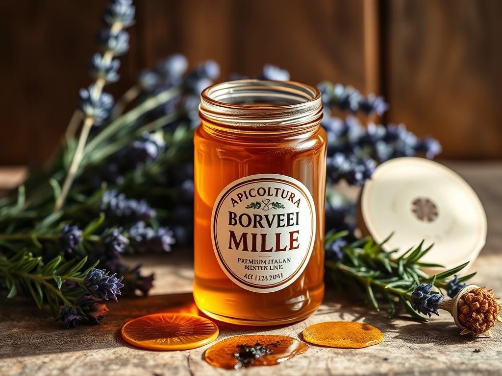 A close-up of a jar of APICOLTURA BORVEI MIELE, a premium Italian honey, resting on a rustic wooden surface. The jar's label is prominently displayed, highlighting the brand's commitment to quality. The honey itself has a rich, golden hue, reflecting its purity and viscosity. The image is bathed in warm, natural lighting, creating a cozy and inviting atmosphere. In the background, a selection of fresh herbs and botanicals, such as lavender and rosemary, suggest the honey's potential for use in skincare routines for oily skin. The overall composition and styling evoke a sense of tradition, wellness, and the natural benefits of Italian honey.