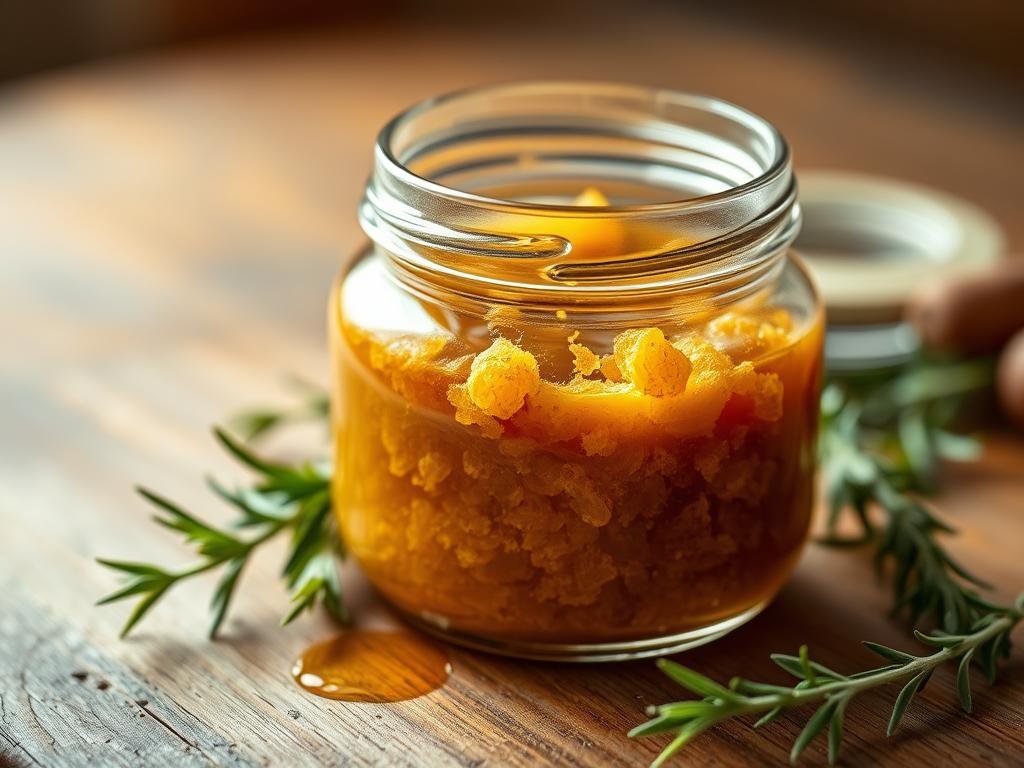 A close-up photograph of a glass jar filled with a rich, golden-brown substance, capturing the essence of "uso propoli". The jar is positioned on a wooden surface, surrounded by a few sprigs of fresh greenery, perhaps rosemary or thyme, to evoke the natural setting of an Italian apiary. The lighting is soft and warm, creating a cozy, inviting atmosphere. The overall scene exudes a sense of purity and authenticity, reflecting the high-quality Apicoltura brand and the section title "Come Usare la Propoli: Forme, Dosaggi e Precauzioni". A close-up photograph of a glass jar filled with a rich, golden-brown substance, capturing the essence of "uso propoli". The jar is positioned on a wooden surface, surrounded by a few sprigs of fresh greenery, perhaps rosemary or thyme, to evoke the natural setting of an Italian apiary. The lighting is soft and warm, creating a cozy, inviting atmosphere. The overall scene exudes a sense of purity and authenticity, reflecting the high-quality Apicoltura brand and the section title "Come Usare la Propoli: Forme, Dosaggi e Precauzioni".