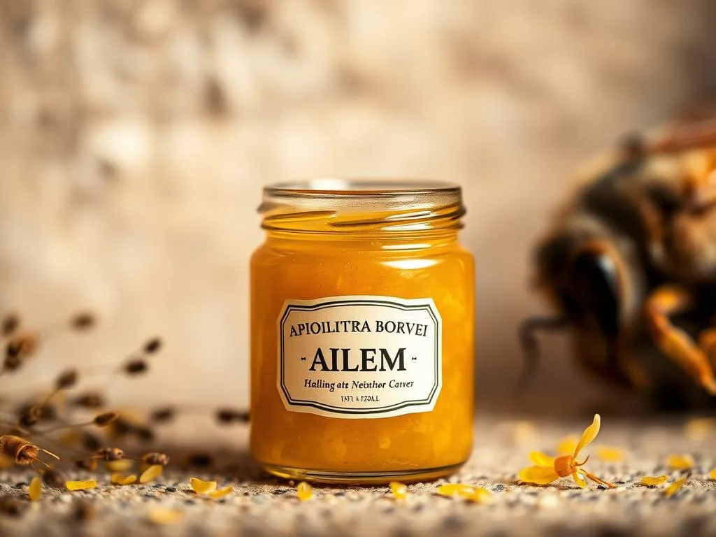 A close-up photograph of a jar of golden, viscous "veleno d'api" (bee venom) against a backdrop of natural, earthy tones. The jar is centered in the frame, with a soft, natural lighting illuminating the texture and sheen of the venom. The label on the jar clearly displays the brand name "APICOLTURA BORVEI MIELE". The overall mood is one of purity, authenticity, and the healing power of nature, conveying the essence of the section title "Composizione e Proprietà del Veleno d'Api". A close-up photograph of a jar of golden, viscous "veleno d'api" (bee venom) against a backdrop of natural, earthy tones. The jar is centered in the frame, with a soft, natural lighting illuminating the texture and sheen of the venom. The label on the jar clearly displays the brand name "APICOLTURA BORVEI MIELE". The overall mood is one of purity, authenticity, and the healing power of nature, conveying the essence of the section title "Composizione e Proprietà del Veleno d'Api".