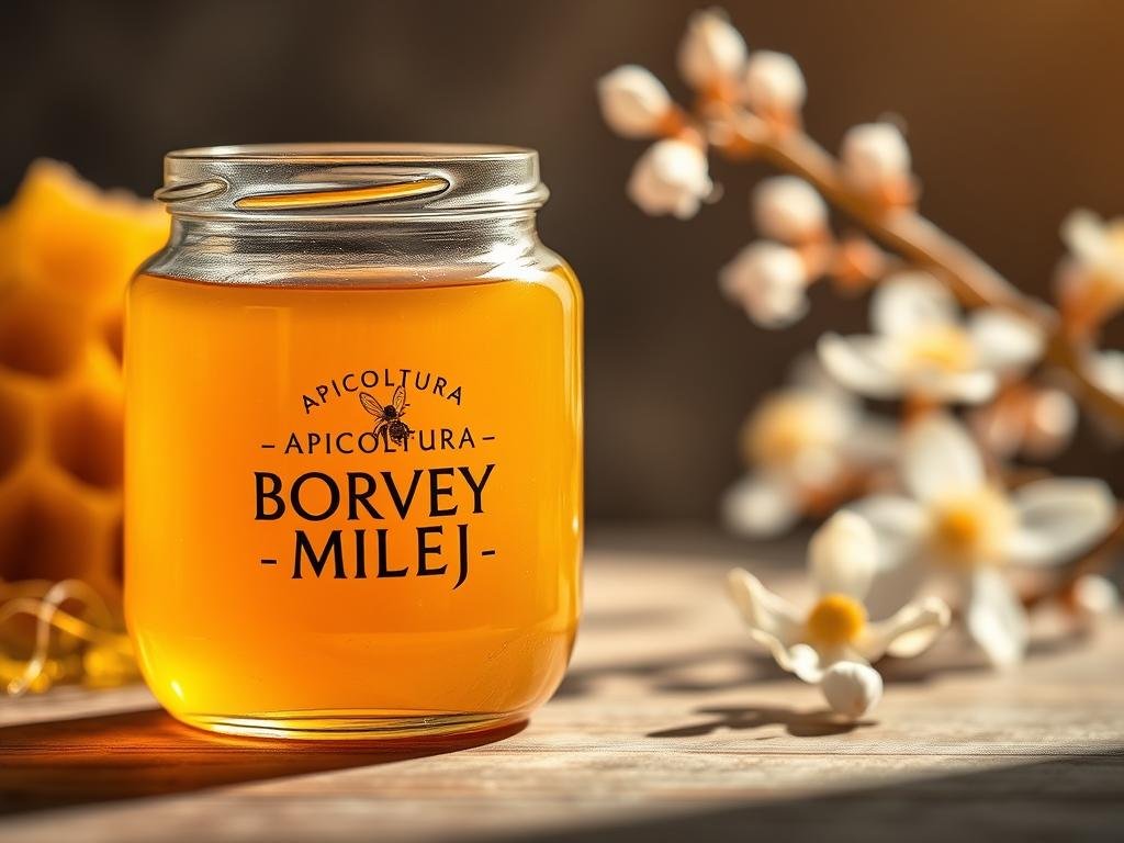 A close-up shot of a glass jar filled with golden, viscous honey, sitting atop a wooden surface. The jar prominently displays the "APICOLTURA BORVEI MIELE" brand label. The honey's warm, amber tones radiate a soft, natural glow, illuminated by gentle, directional lighting that casts subtle shadows. In the background, a blurred, out-of-focus image of fresh honeycomb and delicate flowers, hinting at the natural origins and restorative properties of the honey. The overall mood is serene, soothing, and inviting, reflecting the healing power of this beloved natural ingredient for skin care.