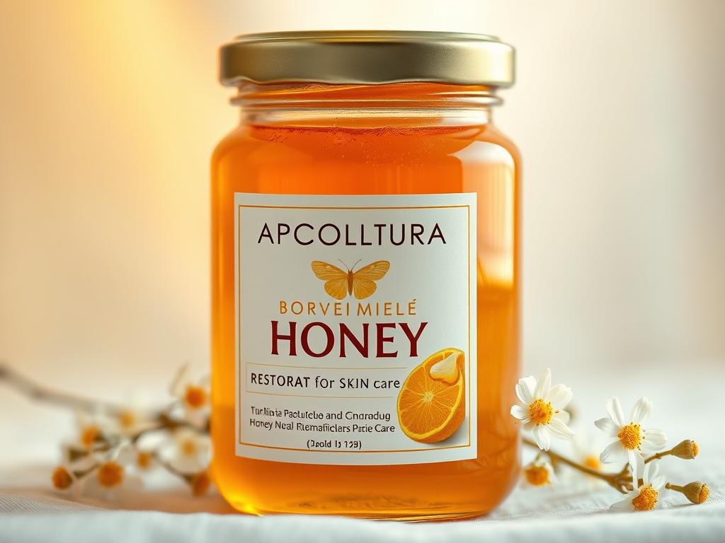 A close-up shot of a glass jar filled with golden, viscous honey, the APICOLTURA BORVEI MIELE label prominently displayed. The jar is set against a soft, diffuse background, highlighting the honey's rich color and texture. Delicate, white flowers are scattered around the jar, adding a natural, organic touch. The lighting is warm and gentle, casting a soft glow on the honey, emphasizing its translucent quality. The overall composition conveys a sense of purity, nourishment, and the restorative properties of honey for skin care.