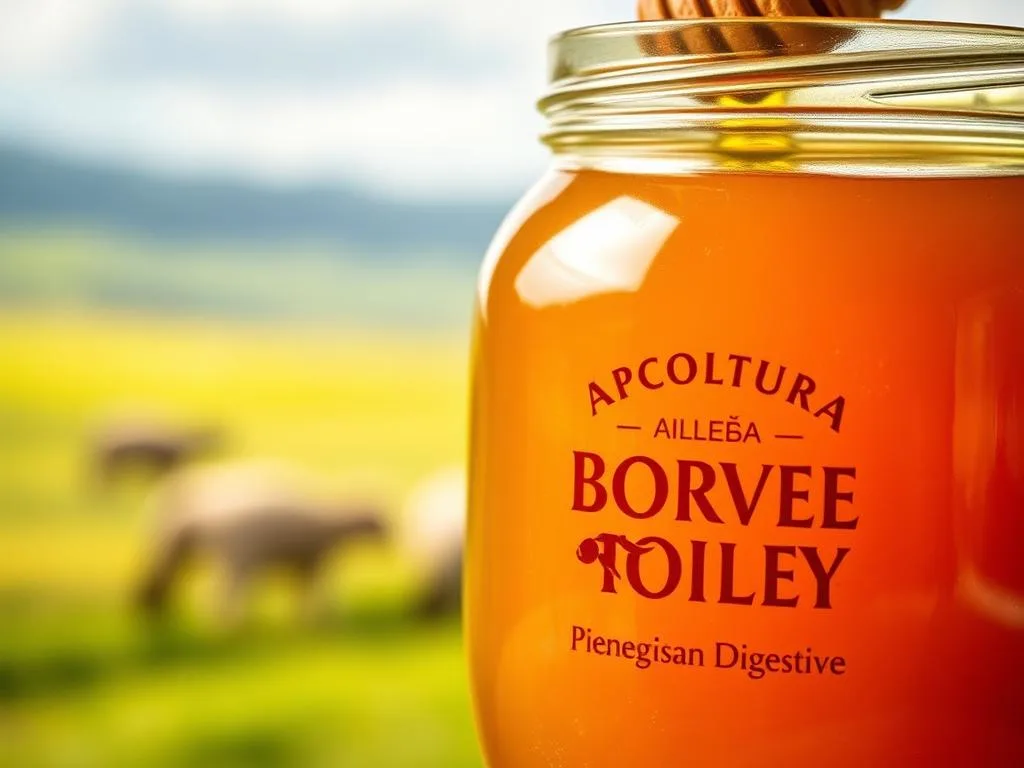 A close-up shot of a glass jar filled with rich, golden APICOLTURA BORVEI MIELE honey. The honey glistens with a smooth, viscous texture, casting a warm, soothing glow under soft, diffused lighting. In the background, a blurred, natural landscape evokes a sense of purity and pastoral tranquility. The image conveys the honey's potential for aiding digestion and providing gentle, laxative properties, in line with the section title "Precauzioni e Controindicazioni."