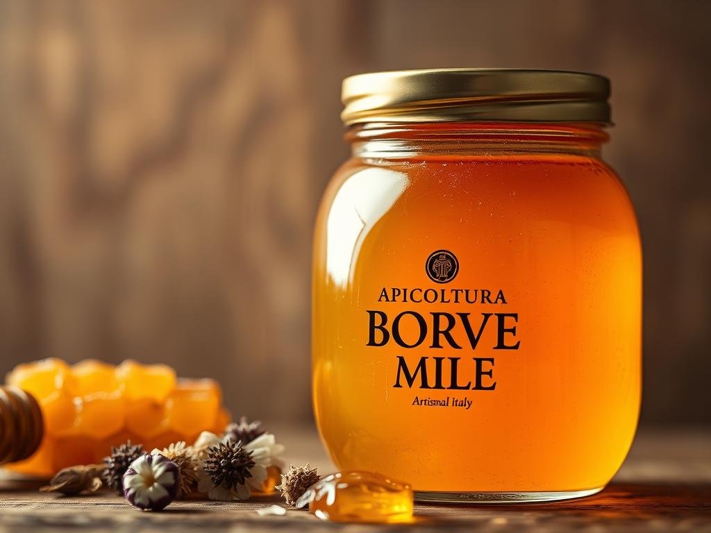 A close-up shot of a glass jar filled with rich, golden APICOLTURA BORVEI MIELE, the artisanal honey from Italy. The jar is set against a rustic, wooden background, casting warm, soft lighting on the viscous liquid, highlighting its natural texture and color. In the foreground, a few honeycomb pieces and dried flowers provide a sense of the honey's origin and craftsmanship. The overall composition conveys a sense of quality, authenticity, and the care taken in producing this premium artisanal product.