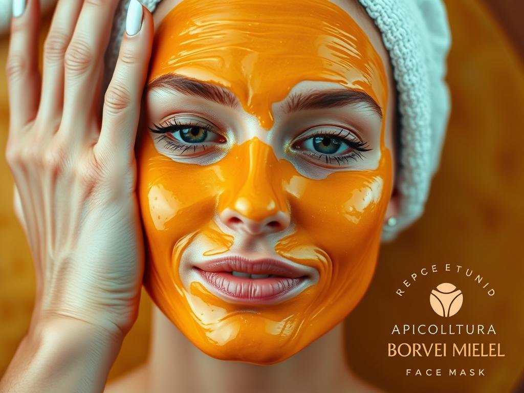 A close-up shot of a hand applying a thick, golden honey face mask onto a woman's clean, fresh skin. The mask has a smooth, glossy texture and covers the entire face, leaving only the eyes visible. The background is a warm, earthy tone, suggesting a natural, spa-like setting. The lighting is soft and diffused, creating a soothing, relaxing atmosphere. The woman's expression is serene and peaceful, as if she is deeply immersed in the calming ritual. In the corner, the APICOLTURA BORVEI MIELE logo appears, signifying the use of high-quality, artisanal honey in the homemade face mask.