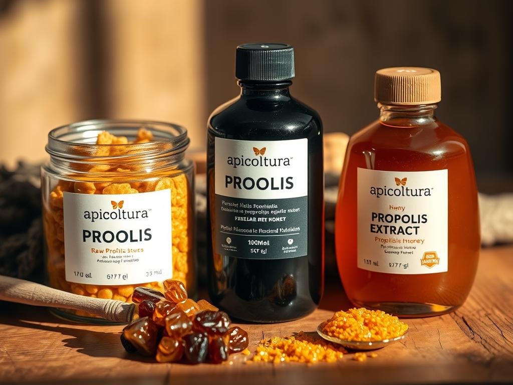 A close-up shot of a variety of propoli products from the Apicoltura brand, including a jar of raw propolis, propolis extract, and propolis-infused honey. The items are arranged on a warm, rustic wooden surface, showcasing the natural, earthy tones of the propolis. Soft, directional lighting highlights the texture and translucency of the propolis, casting subtle shadows that add depth and dimension to the scene. The overall mood is one of quality, artisanship, and the purity of this bee-derived substance. The image effectively illustrates the diverse forms in which propolis can be consumed and utilized. A close-up shot of a variety of propoli products from the Apicoltura brand, including a jar of raw propolis, propolis extract, and propolis-infused honey. The items are arranged on a warm, rustic wooden surface, showcasing the natural, earthy tones of the propolis. Soft, directional lighting highlights the texture and translucency of the propolis, casting subtle shadows that add depth and dimension to the scene. The overall mood is one of quality, artisanship, and the purity of this bee-derived substance. The image effectively illustrates the diverse forms in which propolis can be consumed and utilized.