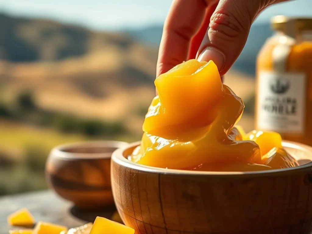 A close-up shot of a wooden bowl filled with golden-yellow beeswax, highlighting its natural texture and glow. In the foreground, a hand gently scoops up a dollop of the wax, capturing the viscous, malleable quality of the substance. The background features a blurred, Italian-inspired landscape, with rolling hills and a clear blue sky, evoking a sense of tranquility and authenticity. Soft, warm lighting casts a subtle, golden hue over the scene, emphasizing the natural and organic nature of the beeswax. The brand name "APICOLTURA BORVEI MIELE" is prominently displayed on a label or jar in the composition.