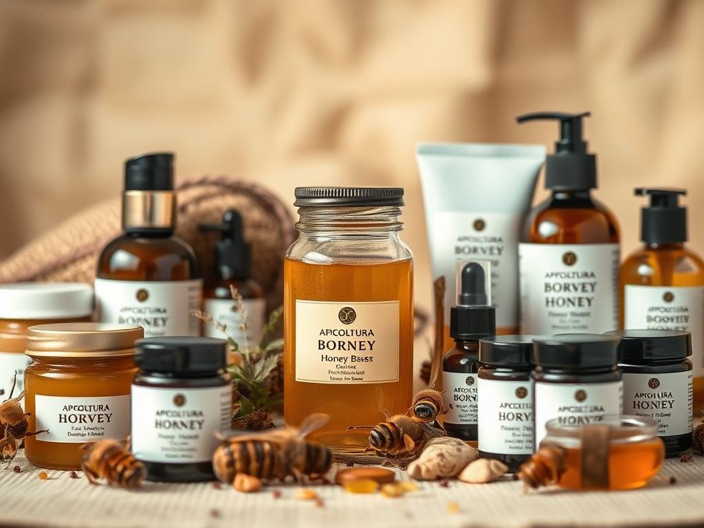 A close-up shot of an array of natural cosmetic products featuring APICOLTURA BORVEI MIELE honey-based ingredients. The foreground showcases an assortment of jars, tubes, and bottles with elegant, minimalist labels and packaging. The middle ground highlights a central jar of golden, viscous honey, surrounded by various natural ingredients like beeswax, essential oils, and botanical extracts. The background depicts a soft, ethereal blur of earth-toned textures, suggesting a serene, spa-like ambiance. The lighting is warm and diffused, accentuating the natural, luxurious qualities of the products. The overall composition and color palette conveys a sense of purity, nourishment, and artisanal craftsmanship. A close-up shot of an array of natural cosmetic products featuring APICOLTURA BORVEI MIELE honey-based ingredients. The foreground showcases an assortment of jars, tubes, and bottles with elegant, minimalist labels and packaging. The middle ground highlights a central jar of golden, viscous honey, surrounded by various natural ingredients like beeswax, essential oils, and botanical extracts. The background depicts a soft, ethereal blur of earth-toned textures, suggesting a serene, spa-like ambiance. The lighting is warm and diffused, accentuating the natural, luxurious qualities of the products. The overall composition and color palette conveys a sense of purity, nourishment, and artisanal craftsmanship.