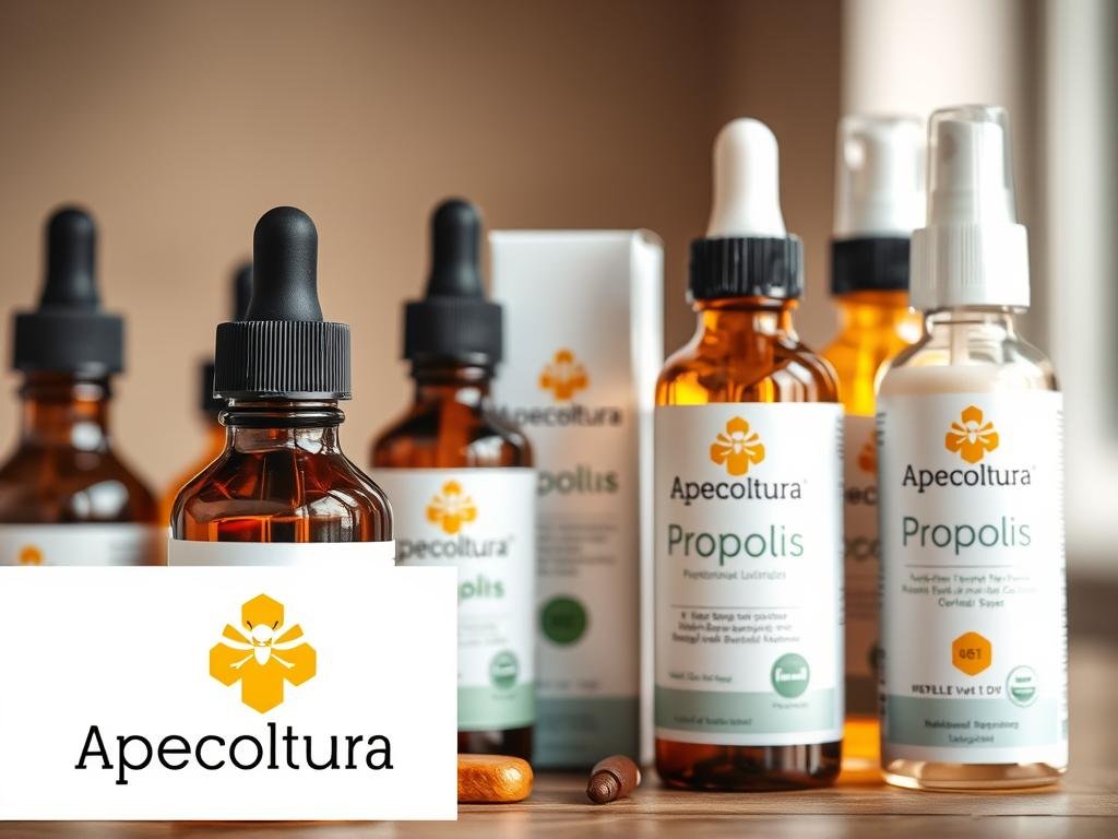 A close-up shot of an assortment of propolis products, including tinctures, lozenges, and oral sprays. The foreground features the Apicoltura brand logo prominently displayed, conveying a sense of quality and authenticity. The middle ground showcases the various propolis formulations in sleek, modern packaging, highlighting their intended purpose for oral health. The background softly blurs, creating a simple, minimalist composition that draws the viewer's attention to the core subject matter. Warm, natural lighting bathes the scene, evoking a sense of purity and wellness associated with the use of propolis for oral care. A close-up shot of an assortment of propolis products, including tinctures, lozenges, and oral sprays. The foreground features the Apicoltura brand logo prominently displayed, conveying a sense of quality and authenticity. The middle ground showcases the various propolis formulations in sleek, modern packaging, highlighting their intended purpose for oral health. The background softly blurs, creating a simple, minimalist composition that draws the viewer's attention to the core subject matter. Warm, natural lighting bathes the scene, evoking a sense of purity and wellness associated with the use of propolis for oral care.