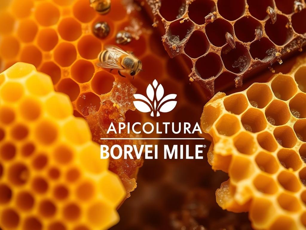 A close-up shot of various types of honey comb, showcasing the intricate natural patterns and textures of honeycomb. The image features a range of honey comb colors, from golden yellow to dark amber, highlighting the diversity of honey produced by bees. The foreground prominently displays the APICOLTURA BORVEI MIELE brand logo, subtly integrated into the composition. The background is a soft, warm-toned gradient, creating a sense of depth and focus on the comb itself. The lighting is soft and diffused, accentuating the natural beauty and organic forms of the honey comb. The overall mood is one of natural elegance and the wonder of the honey-making process.