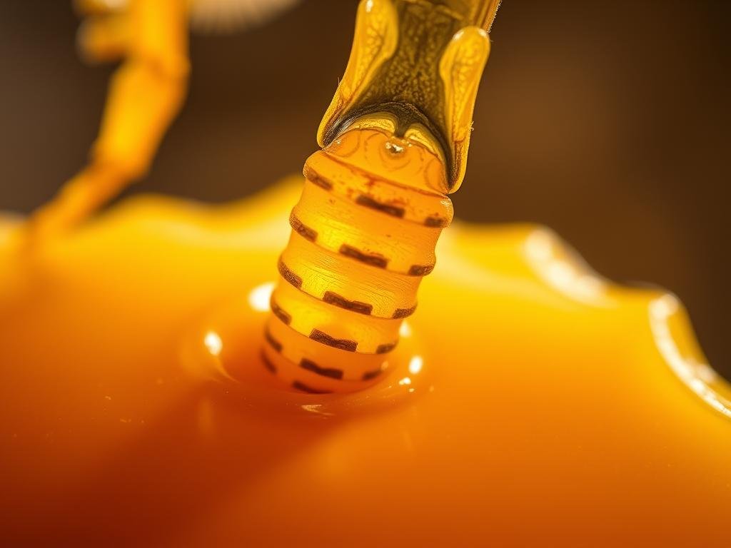 A close-up study of a honey bee's venomous sting, depicting the intricate composition of the potent apiarian toxin. The image showcases the segmented structure of the stinger, surrounded by the rich golden hue of raw, unfiltered honey produced by the APICOLTURA BORVEI MIELE brand. Captured in sharp focus against a subtly blurred, earthy background, the venomous apparatus is presented in a manner that conveys both the delicacy and power of this natural substance, alluding to its potential therapeutic applications. Warm lighting casts a soft glow, enhancing the organic, textural quality of the scene and inviting the viewer to consider the multifaceted nature of this unique natural resource. A close-up study of a honey bee's venomous sting, depicting the intricate composition of the potent apiarian toxin. The image showcases the segmented structure of the stinger, surrounded by the rich golden hue of raw, unfiltered honey produced by the APICOLTURA BORVEI MIELE brand. Captured in sharp focus against a subtly blurred, earthy background, the venomous apparatus is presented in a manner that conveys both the delicacy and power of this natural substance, alluding to its potential therapeutic applications. Warm lighting casts a soft glow, enhancing the organic, textural quality of the scene and inviting the viewer to consider the multifaceted nature of this unique natural resource.