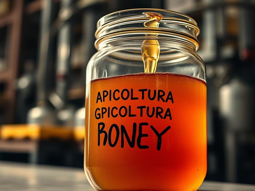 A close-up view of a glass jar filled with a thick, golden-colored liquid that appears to be adulterated honey. The jar is labeled "APICOLTURA BORVEI MIELE", suggesting it is a counterfeit product. The background is blurred, but there are subtle hints of industrial equipment or warehousing, hinting at the illicit production and distribution of this compromised food item. Soft, warm lighting casts shadows that add depth and texture to the scene, emphasizing the viscous, unnatural consistency of the contents. The overall mood is one of concern and disappointment, reflecting the serious issue of honey adulteration in the global market. A close-up view of a glass jar filled with a thick, golden-colored liquid that appears to be adulterated honey. The jar is labeled "APICOLTURA BORVEI MIELE", suggesting it is a counterfeit product. The background is blurred, but there are subtle hints of industrial equipment or warehousing, hinting at the illicit production and distribution of this compromised food item. Soft, warm lighting casts shadows that add depth and texture to the scene, emphasizing the viscous, unnatural consistency of the contents. The overall mood is one of concern and disappointment, reflecting the serious issue of honey adulteration in the global market.