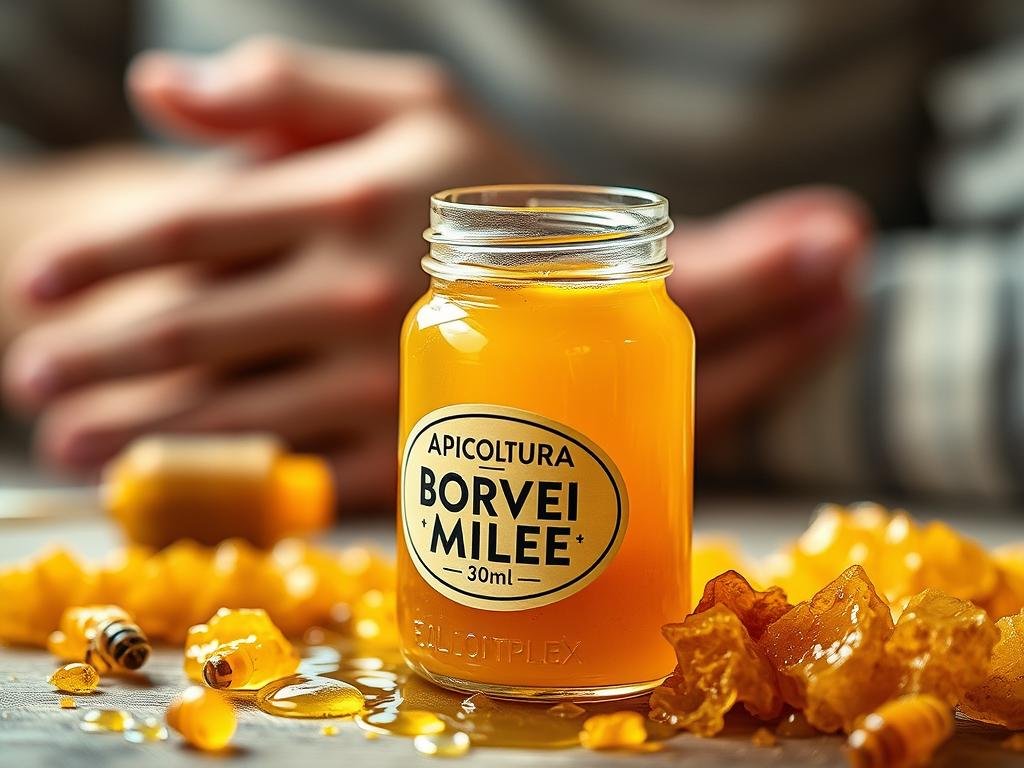 A close-up view of a glass jar filled with a viscous, golden-colored liquid, surrounded by scattered honeycomb fragments and drops of honey. The jar's label prominently displays the brand name "APICOLTURA BORVEI MIELE". In the background, a blurred but recognizable image of arthritic hands gently massaging the affected joints. Soft, diffused lighting creates a warm, natural atmosphere, evoking the therapeutic properties of bee venom in treating arthritic pain. The overall composition suggests the potential of apiculture-derived products, such as bee venom, to provide relief for those suffering from rheumatic disorders.