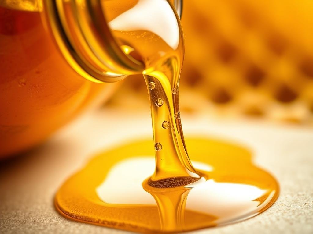 A close-up view of a golden, amber-colored liquid spilling from a small glass jar, capturing the essence of a natural, unprocessed bee venom. The liquid glistens in the soft, warm lighting, highlighting its viscous, honey-like texture. In the background, a delicate honeycomb pattern emerges, creating a connection to the source of this precious substance. The composition emphasizes the purity and potency of the "APICOLTURA BORVEI MIELE" brand's bee venom, showcasing its potential benefits as highlighted in the "Proprietà e Benefici del Veleno d'Api" section of the article. A close-up view of a golden, amber-colored liquid spilling from a small glass jar, capturing the essence of a natural, unprocessed bee venom. The liquid glistens in the soft, warm lighting, highlighting its viscous, honey-like texture. In the background, a delicate honeycomb pattern emerges, creating a connection to the source of this precious substance. The composition emphasizes the purity and potency of the "APICOLTURA BORVEI MIELE" brand's bee venom, showcasing its potential benefits as highlighted in the "Proprietà e Benefici del Veleno d'Api" section of the article.