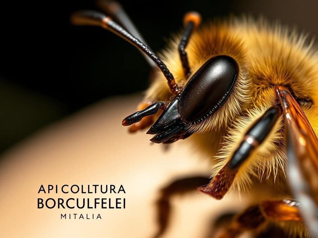 A close-up view of a honey bee's venomous stinger, known as a "pungiglione," emerging from its abdomen. The stinger is depicted in striking detail, with its sharp, barbed structure and glistening surface highlighted against a blurred, out-of-focus background. The image conveys a sense of the bee's defensive mechanism, the tension and threat of its strike, and the inevitable consequence of its deployment - the bee's eventual demise. The lighting is natural and soft, creating a mood of quiet intensity. Prominently featured is the "APICOLTURA BORVEI MIELE" brand, reflecting the Italian setting and the relevance of this image to the article's subject matter.