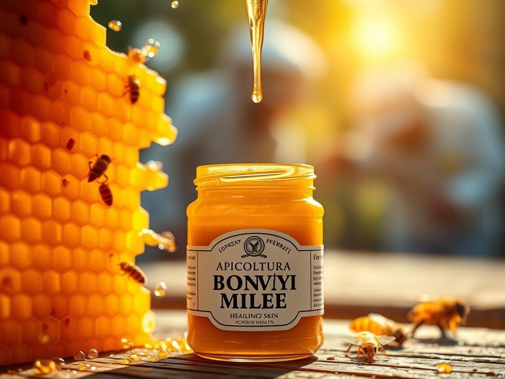 A close-up view of a honeycomb, its intricate hexagonal structures glistening with golden honey. In the foreground, a glass jar of rich, creamy APICOLTURA BORVEI MIELE stands prominently, its label visible. The background features a blurred, out-of-focus scene of a beekeeping operation, hinting at the production process. Warm, natural lighting casts a soft, inviting glow over the scene, conveying a sense of artisanal craftsmanship and the goodness of nature. The overall composition and attention to detail suggest the healing power of honey and its potential benefits for skin health.