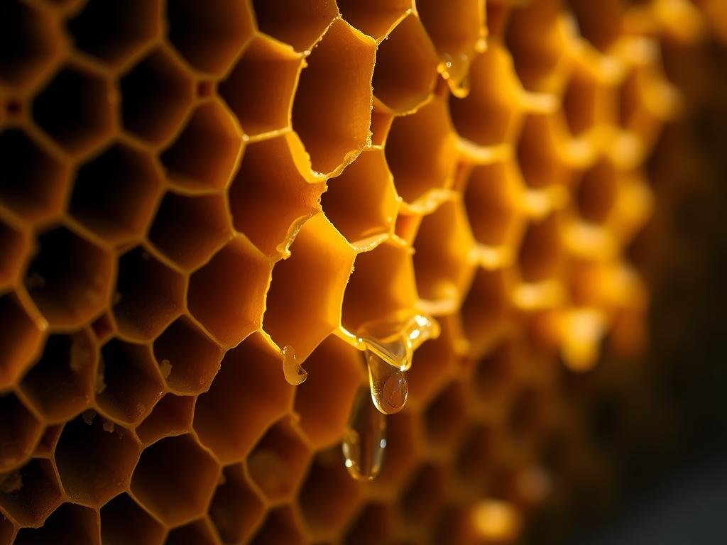 A close-up view of a honeycomb structure, displaying the intricate patterns and textures of beeswax. The golden-hued comb is illuminated by soft, natural lighting, casting gentle shadows that accentuate the organic shapes and curves. In the foreground, a few droplets of honey glisten, capturing the essence of the productive APICOLTURA BORVEI MIELE apiary. The background is blurred, creating a sense of depth and focus on the captivating details of the cera d'api. The overall mood is one of artisanal craftsmanship, highlighting the natural beauty and process behind this versatile material.