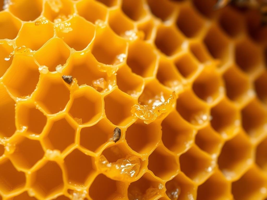 A close-up view of a natural honeycomb, its intricate hexagonal structure glistening with golden-yellow beeswax. The wax, harvested from the APICOLTURA BORVEI MIELE apiary, emanates a warm, earthy aroma. Delicate strands of propolis, the resinous substance collected by bees, are visible amid the waxy cells. Soft, diffused lighting illuminates the surface, highlighting the intricate patterns and the translucent quality of the wax. The image conveys the purity and natural beauty of this versatile ingredient, as it would be featured in an article about the benefits of beeswax in anti-aging products.