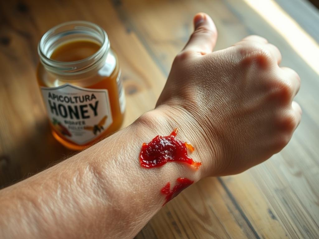 A close-up view of a person's arm and hand, reddened and swollen from an allergic reaction to bee venom. The skin is inflamed and blistered, with a pained expression on the subject's face. In the background, a jar of honey with the label "APICOLTURA BORVEI MIELE" rests on a wooden surface, hinting at the source of the venom. Soft, natural lighting casts a warm glow, emphasizing the distress caused by the bee sting. The image captures the visceral, physiological response to the potent venom, conveying the subject's discomfort and the potential impacts of repeated bee venom exposure.