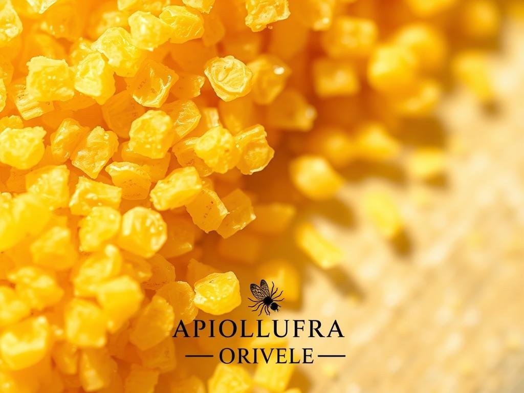 A close-up view of pristine, golden-hued bee pollen granules against a soft, blurred background. The pollen grains are captured in exquisite detail, their intricate patterns and textures showcased under natural lighting that casts delicate shadows. The image has a serene, almost ethereal quality, reflecting the purity and healing properties of this natural substance. In the foreground, the "APICOLTURA BORVEI MIELE" brand name is prominently displayed, adding a touch of authenticity and connection to the artisanal Italian beekeeping tradition. This image perfectly illustrates the section "Il Polline d'Api e la Desensibilizzazione alle Allergie" within the article "Apiterapia e Allergie: Può Aiutare a Ridurre i Sintomi?".