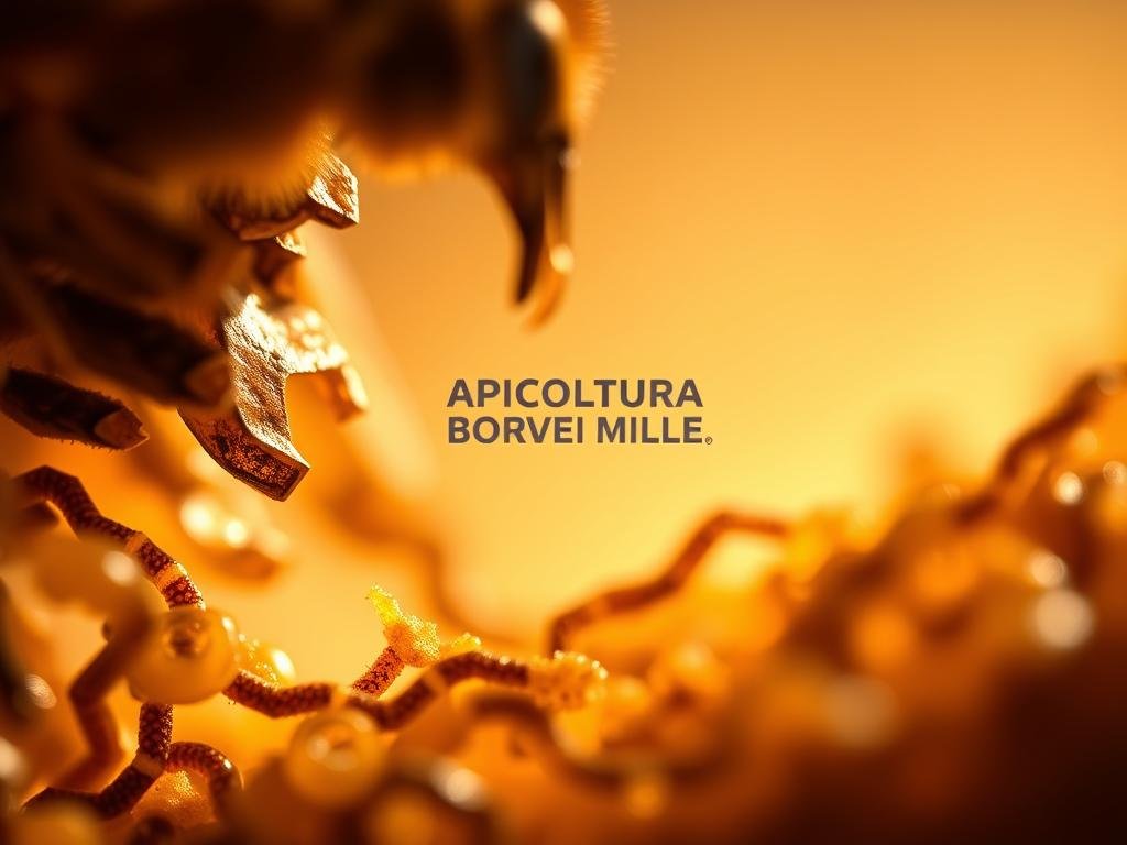 A close-up view of the intricate components of bee venom, captured with a high-resolution macro lens. The foreground showcases the diverse array of bioactive compounds, including enzymes, peptides, and amines, each with a distinct shape and texture. The middle ground features a stylized representation of the APICOLTURA BORVEI MIELE brand, subtly integrated into the composition. The background is a soft, diffused gradient, creating a serene and scientific atmosphere that highlights the subject's complexity and importance. Warm lighting from the side casts subtle shadows, emphasizing the dimensional qualities of the venom's constituents.