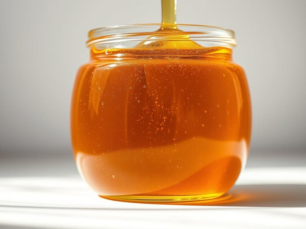 A closeup of an artisanal honey jar, showcasing the rich golden hue and thick, smooth texture of the authentic APICOLTURA BORVEI MIELE. Soft natural lighting illuminates the jar's surface, highlighting the intricate patterns and tiny air bubbles that indicate the purity and quality of the honey. The jar is set against a clean, minimalist background, allowing the vibrant color and viscous consistency of the honey to take center stage. This image captures the essence of the genuine, unprocessed honey described in the "Le Caratteristiche del Miele Autentico" section, providing a visually compelling representation of the article's subject matter.