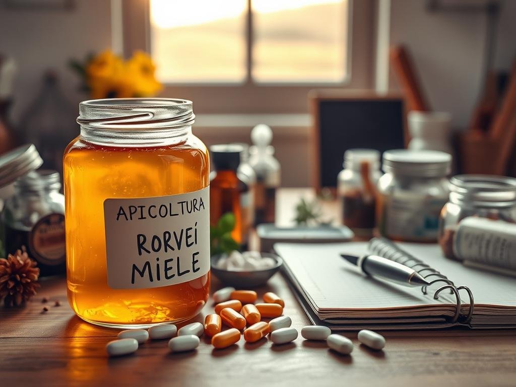 A cozy kitchen scene featuring a glass jar filled with golden, viscous liquid labeled "APICOLTURA BORVEI MIELE" surrounded by various medicinal herbs, pills, and a notebook. The foreground showcases the royal jelly, the middle ground displays the assortment of natural remedies, and the background subtly blends in with an Italian countryside setting seen through a window. Soft, warm lighting casts a gentle glow, creating an atmosphere of thoughtful contemplation on the potential benefits and interactions between natural and conventional medicines.