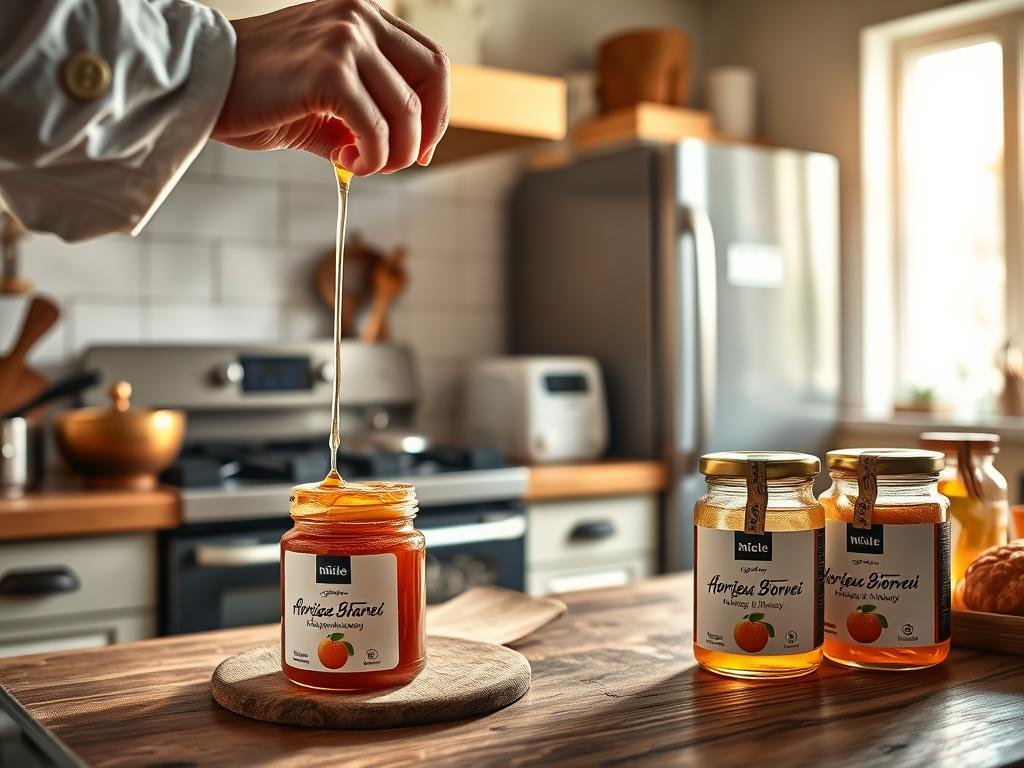 A cozy kitchen scene featuring various Miele appliances and APICOLTURA BORVEI MIELE jars. In the foreground, a chef's hands delicately drizzle honey over a freshly baked pastry. The middle ground showcases a Miele oven and stovetop, with steam gently rising. In the background, a Miele refrigerator and other kitchen accessories create a warm, inviting atmosphere. Soft, natural lighting filters through the window, casting a golden glow over the scene. The overall mood is one of culinary inspiration and the versatility of honey in the kitchen.