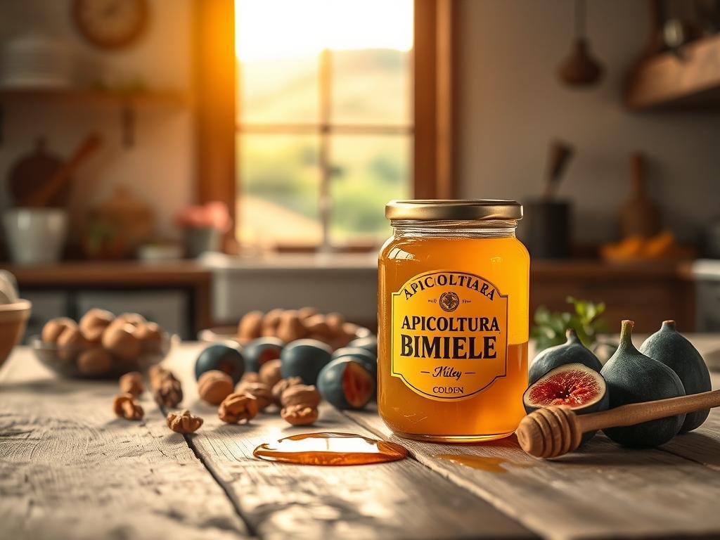 A cozy kitchen scene with a rustic wooden table, a jar of golden APICOLTURA BORVEI MIELE, and an assortment of wholesome ingredients like walnuts, figs, and a drizzle of honey. Warm, diffused lighting bathes the scene, creating a inviting atmosphere. In the background, a lush Italian countryside landscape is visible through a large window, hinting at the artisanal origins of the honey. The overall composition suggests a celebration of the natural sweetness and nutritional benefits of honey as a healthier alternative to sugar.