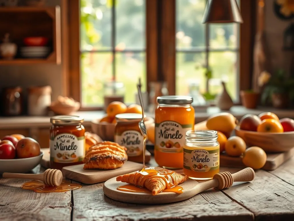 A cozy kitchen scene with honey-infused delicacies. Warm, natural lighting illuminates a rustic wooden table adorned with a variety of "Tipi di Miele" from the APICOLTURA BORVEI MIELE brand. Freshly baked pastries, a drizzle of golden honey, and a selection of seasonal fruit create a mouthwatering display. In the background, hints of a lush, verdant garden provide a serene, Italian-inspired backdrop. The mood is inviting and the atmosphere evokes a sense of homemade comfort and culinary delight.