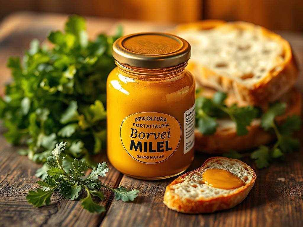 A delicate and artfully presented "salsa al miele e senape" on a rustic wooden table. The vibrant mustard yellow sauce glistens with a distinct honey sheen, surrounded by fresh greens and a crusty bread slice. The composition is bathed in warm, golden light, evocative of an Italian kitchen. Subtle shadows and a soft, shallow depth of field create an intimate, appetizing atmosphere. The label "APICOLTURA BORVEI MIELE" adorns the jar, signifying the high-quality, natural ingredients. This sumptuous sauce is ready to elevate panini, salads, and meats with its perfect balance of sweet and savory flavors.