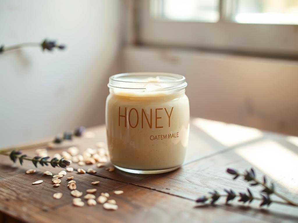 A delicate glass jar filled with honey-infused oatmeal mask, resting on a rustic wooden surface. Natural light filters through a window, casting a warm, soft glow. The creamy mixture, infused with the golden nectar of APICOLTURA BORVEI MIELE, promises a nourishing and soothing skincare experience. Nearby, a few scattered oat flakes and a sprig of fresh lavender add a touch of organic charm. The overall scene evokes a sense of simplicity, wellness, and the power of nature's gentle remedies.